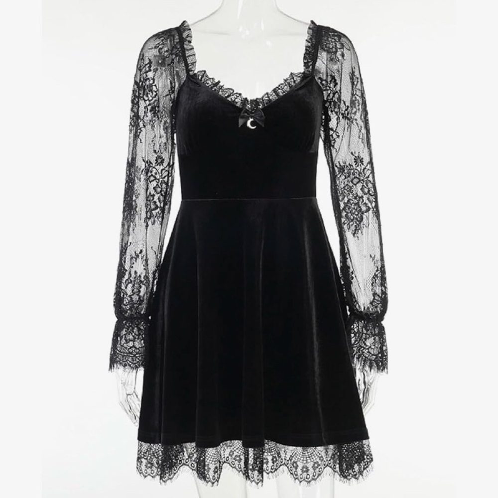 Goth Black Lace Long Sleeve Dress size small - Picture 3 of 5
